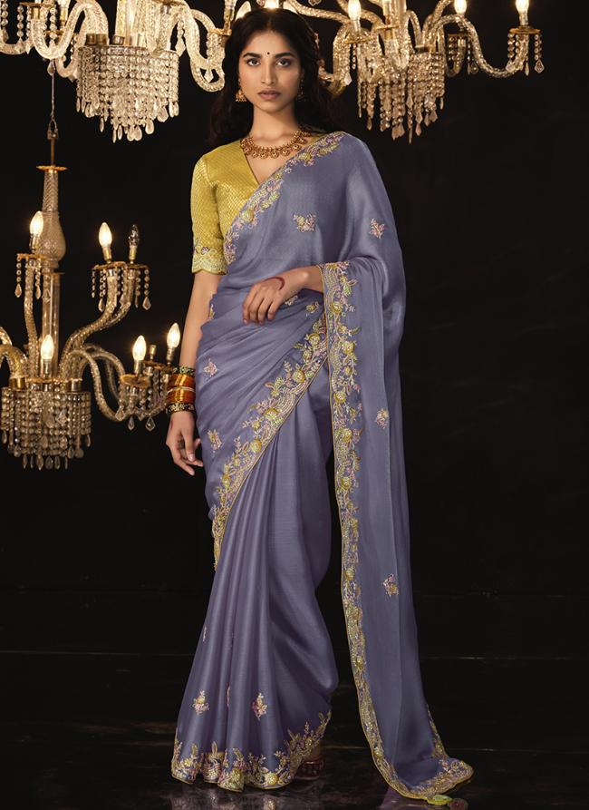 Pure Shimmer Light Levender Party Wear Embroidery Work Saree